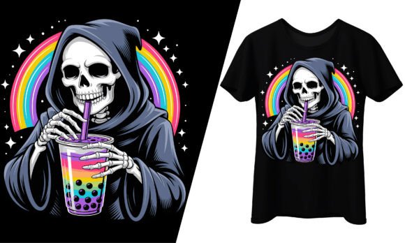 Skeleton Drinking Rainbow Bubble Tea Graphics